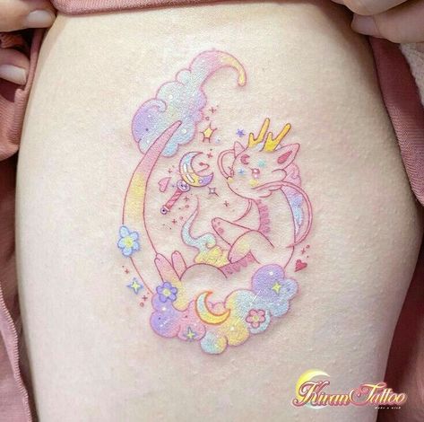 Pastel Tattoo, Colorful Tattoos, Funky Tattoos, Cute Tats, Kawaii Tattoo, Cute Little Tattoos, Cute Tiny Tattoos, Dragon Girl, Elegant Tattoos