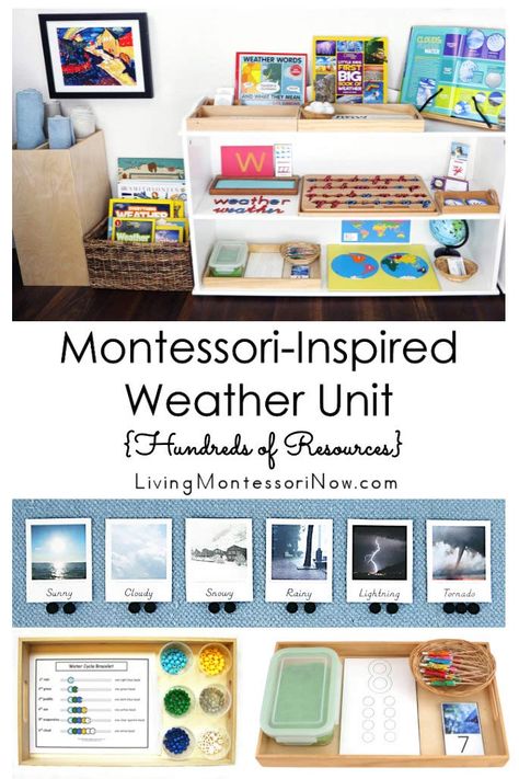 Hundreds of resources, including printables and hands-on activities, for a Montessori-inspired weather unit. Most of the activities are designed for preschool through early elementary; perfect for classroom or homeschool - Living Montessori Now Weather Science Center Preschool, Montessori Themed Activities, Weather Themed Math Activities, Weather Provocations Preschool, Kindergarten Weather Activities, Weather Montessori, Weather Unit Preschool, Weather Unit Kindergarten, Vpk Activities