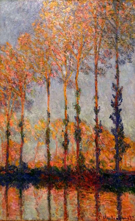 Claude Monet Poplars, Monet Fall Paintings, Famous Painters Paintings, Autumn Impressionist Painting, Fall Impressionist Painting, Seasons Changing Art, Monet Poplars, Manet Paintings, Famous Impressionist Paintings