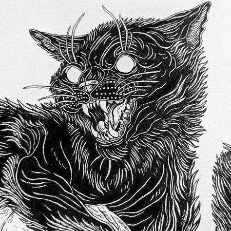 #catDrawings #catPaintings #catIllustrations #catArt #illustrations #cats #drawings #meow #catlovers #cuteCats #hiss Arte Jazz, Creepy Cat, Feral Cat, Spooky Tattoos, Flash Art, Cat Painting, Cat Tattoo, Linocut Prints, Cat Drawing