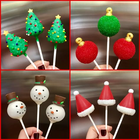 Santa Hat Cake Pops, Christmas Desserts Cake Pops, Snow Man Cake Pop, Cakepop Christmas Ideas, Christmas Cakepops Ideas, Simple Christmas Cake Pops, How To Make Christmas Cake Pops, Christmas Ornament Cake Pops, Cake Pop Christmas Ideas