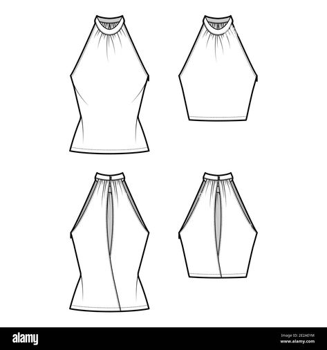 Download this stock vector: Set of Tops banded high neck halter tank technical fashion illustration with wrap, slim fit, crop, tunic length. Flat apparel outwear template front, back, white color. Women men CAD mockup - 2E2AEYM from Alamy's library of millions of high resolution stock photos, illustrations and vectors. Halter Neck Top Pattern, Tank Top Sewing Pattern, Crop Top Men, High Neck Halter Top, Wrap Tank Top, High Neck Halter, Flat Sketches, Fashion Design Collection, Top Band