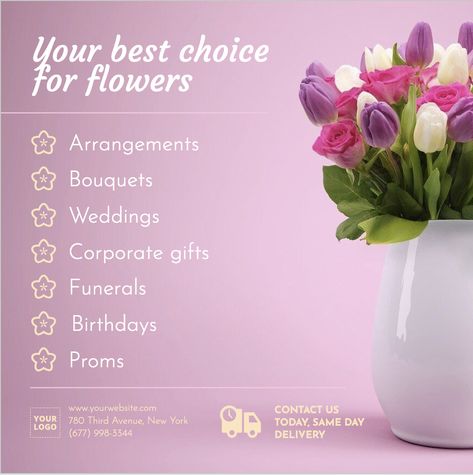 Flower Shop Creative Ads, Florist Advertising Design, Florist Social Media Post, Florist Advertising, Bouquet Business, Florist Business, Price List Design, Diy Ribbon Flowers, Florist Design