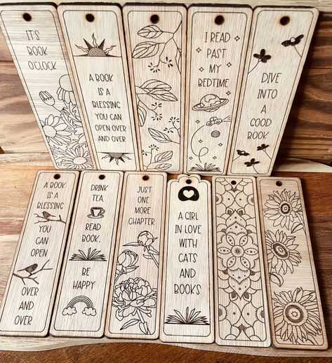 "Hand made in wood and personalised to order. A keepsake bookmark that can be a gift to say  \"Happy New Year\", \"Thank you\", \"well done\", \"Happy birthday\", \"Enjoy your retirement\" and much more. Ideal letter box gift. Choose from 11 designs or let me know if there is a theme/image that you would like engraved.  Personalise the reverse side of the bookmark with up to 100 characters (letters, numbers, punctuation & spaces). Choose the colour of the tassel from: red, blue, green, pink, brown, grey, purple or gold. Shades may vary and if a colour choice is not made a random colour will be given. The image & wording on the bookmark is laser engraved and is permanent and does not rub or scratch off. Every effort is made to accurately reproduce pictures of the bookmarks but variation may Laser Engraved Bookmarks, Wooden Bookmark Ideas, Wood Bookmark Ideas, Mdf Bookmark, Painted Wooden Bookmarks, Book Marks Design Ideas, Bookmark Design Ideas, Pyrography Tips, Wood Clock Design