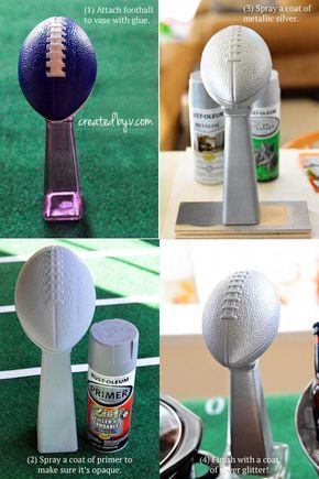 DIY Lombardi Trophy // Just $2 and a can of spray paint! Perfect for centerpieces or game day prizes! #football Dallas Cowboys Birthday, Dallas Cowboys Party, Sandwich Vegetarian, Football Banquet, Football Party Decorations, Lombardi Trophy, Sports Banquet, Football Baby Shower, Football Trophies