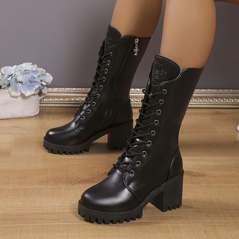 Women's Boots Combat Boots Motorcycle Boots Lace Up Boots Outdoor Work Daily Solid Color M Combat Boots Heels, Heel Combat Boots, Heeled Combat Boots, Knee High Boots Winter, Vegan Leather Boots, Black Combat Boots, Motorcycle Boots, Mid Calf Boots, Boots Outfit