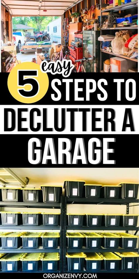 The best way to declutter and organize your garage takes just 5 steps from start to finish. For real! Follow this easy guide to decluttering your garage and you'll be organized in no time! Great garage storage ideas, too. Organisation, Declutter Garage, Small Garage Organization, Garage Storage Bins, Garage Storage Plans, Painting For Wall Decor, Easy Garage Storage, Garage Clutter, Garage Sale Tips