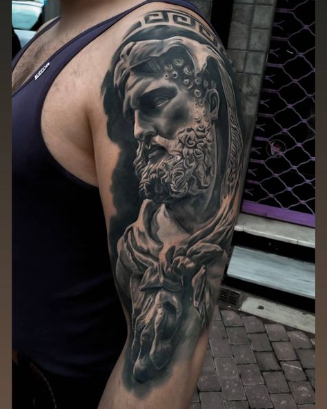 𝕲𝖔𝖉 𝕾𝖐𝖎𝖔𝖚 on Instagram: “Fully healed Hercules. By far one of my favourite pieces.! I'd like to do more statue tattoos so pm me your ideas! Thnx…” Hercules Statue Tattoo, Greek Shoulder Tattoo, Statue Tattoos, Hercules Statue, Greece Tattoo, Hercules Tattoo, Greek Tattoo, Roman Tattoo, Statue Tattoo