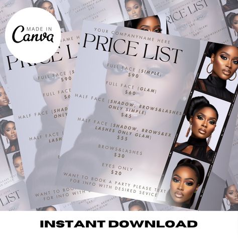 Makeup price list, MUA price list, MUA, Canva Template, DIY Template, Editable template, hair, nails, lashes, brows by BrandedBoutiqueStore on Etsy Mua Price List, Makeup Price List, Makeup Prices, Brow Lash, Hair Nails, Diy Template, Font Style, Price List, Social Media Template