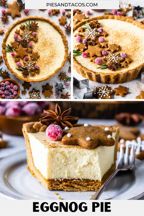 Eggnog pie is the perfect christmas pie! Spiced gingerbread crust filled with creamy eggnog filling, decorated with sugared cranberries! Eggnog Chiffon Pie, Eggnog Custard Tart, Gingerbread Crust Pie, Christmas Custard Pie, Holiday Tarts Christmas Desserts, Eggnog Custard Pie, Best Pies For Christmas, Christmas Pie Recipes Holidays, Pies For Christmas Desserts