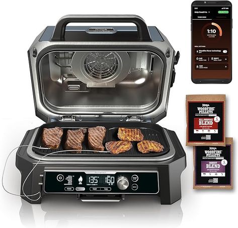 Amazon.com : Ninja OG951 Woodfire Pro Connect Premium XL Outdoor Grill & Smoker, Bluetooth, App Enabled, 7-in-1 Master Grill, BBQ Smoker, Outdoor Air Fryer, Woodfire Technology, 2 Built-In Thermometers, Black : Patio, Lawn & Garden Outdoor Electric Grill, Electric Bbq Grill, Bbq Smoker, Outdoor Grills, Grill Grates, Bbq Smokers, Electric Grill, Wood Pellets, Air Frying