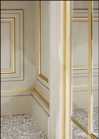 Beautiful wall paneling: gold moulding on off white wall Gold Wainscoting, Joseph Dirand, 아파트 인테리어, Wall Molding, Cool Ideas, Classic Decor, Gold Walls, Classic Interior, Wainscoting