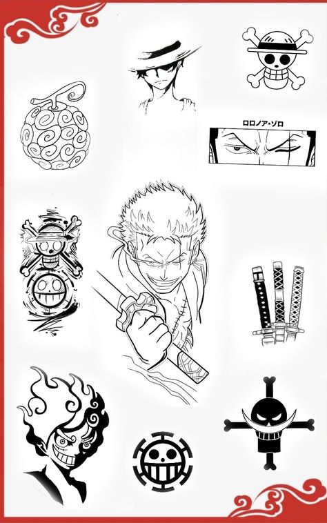 Minimal Anime Tattoo Ideas, Anime Patch Work Tattoos, Small One Piece Tattoo Ideas, Anime Patchwork Tattoo Sleeve, Tato One Piece, One Piece Tattoo Stencil, Anime Tattoo Outline, Simple Anime Tattoo Ideas, One Piece Flash Tattoo