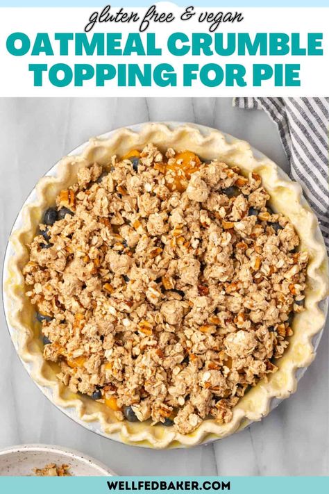 This easy oatmeal crumble topping will be the perfect addition to your favorite fruit pie recipe! Use this to replace the top crust in your favorite pie recipe. It's filled with oats, nuts and brown sugar and makes a delightful addition to any pie! Apple Pie Topping Crumble Oatmeal, Crumble Topping For Pie, Pie Crumble Topping Recipe, Oatmeal Crumble Topping Recipe, Oat Crumble Topping Recipe, Nut Pie Crust Recipe, Pie Crumble Topping, Oatmeal Pie Crust, Oatmeal Crumble Topping