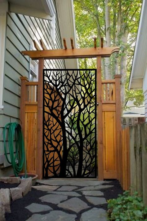 Entry Gate Garden Metal Gate Decorative Pedestrian Gatedecorative Laser Cut Privacy Metal Screen Panel Privacy Screen With Tree Branches - Etsy Metal Garden Door, Front Yard Privacy Fence, Outdoor Privacy Panels, Metal Gates Design, Cabin Deck, Interesting Doors, Fence Gates, Side Patio, Garden Gates And Fencing