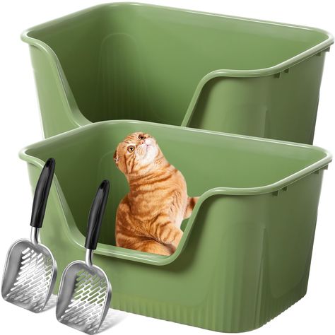 PRICES MAY VARY. Generous Package: you will receive 2 extra large litter boxes for big cats and 2 metal waste scoops, the cat litter box measures approximately 25 x 18 x 13 inches, making it large and deep enough for dogs or fat cats up to 36 pounds to turn around easily, the metal waste scooper measures about 14 x 5 inches and has a large capacity, allowing pet owners to enjoy cat ownership more conveniently High Side Protection and Low Entrance: the high side litter boxes for cats can prevent Big Cat Litter Box Ideas, Cat Comfort, Cat Habitat, Brushing Dogs Teeth, Cool Cat Toys, Litter Box Covers, Cat Ownership, Cat Tips, Kitty Accessories