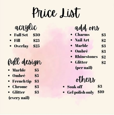 price list repost! Acrylic Nails Price List, Gel X Nail Price List, Bracelet Price List, Nail Price List Ideas Beginner, Nail Pricing List, Nail Prices List, Nail Prices For Beginners, Nails Price List Ideas, Price List For Nails