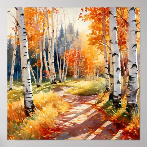 Birch Forest Vivid Colors Painting Poster. Painting Of Birch Trees, Fall Aspen Trees Painting, Fall Paintings Trees, Aspen Watercolor Painting, Autumn Trees Painting Acrylic, Birch Forest Painting, Watercolor Birch Trees, Birch Painting, Autumn Pics