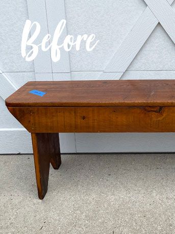 Hello beautiful friends, and welcome back! I always appreciate when you stop by! I've got a pretty little makeover to share today, a Voodoo stain and stencil bench makeover on this primitive bench I scored for $20 at a yard sale a few weeks ago: I snatched it right on up! There are so many Diy Bench Makeover, Wooden Bench Painting Ideas, Painted Bench Ideas, Wooden Bench Makeover, Bench Refurbish, Farmhouse Table Makeover, Voodoo Gel Stain, Bench Makeover, Primitive Bench