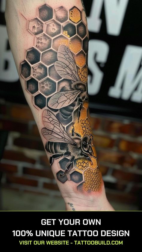 Honey Bee Tattoo Ideas, Comb Tattoo, Bee Tattoo Design, Bee Tattoo Meaning, Lace Sleeve Tattoos, Queen Bee Tattoo, Bee Tattoos, Honey Bee Tattoo, Honeycomb Tattoo