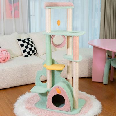 Kawaii Cat Tree, Pastel Lounge Room, Cat Things Products, Cute Cat Accessories, Cute Cat Tree, Cat Homes, Barbie Cat, Unique Cat Trees, Cat Corner