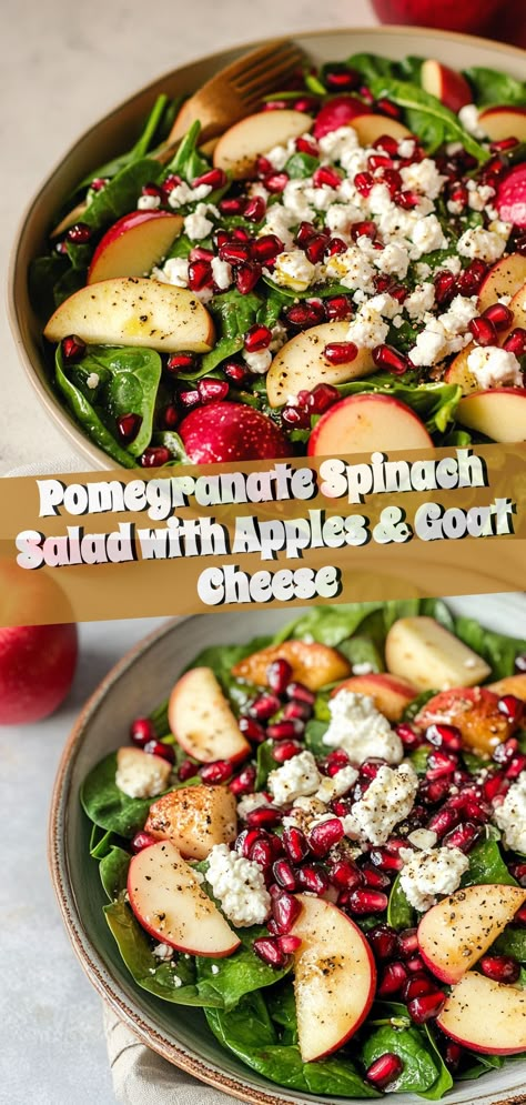 🍂✨ Elevate your fall meals with this colorful Pomegranate Spinach Salad with Apples & Goat Cheese! Dive into the sweet and creamy harmony of autumn's best ingredients—fresh spinach, juicy pomegranate arils, crisp apple slices, and crumbled goat cheese topped with toasted walnuts and a splash of balsamic vinaigrette. Perfect as a side or a light meal, this salad captures the essence of the season in every bite. 🥗🍎 #HarvestSaladDelight #FallInALeaf #FarmToTablePerfection #SaladLovers #GoatCheeseGoodness Fall Salad With Pomegranate, Pomegranate Fall Salad, Thanksgiving Salad Recipes Pomegranate, Apple And Pomegranate Salad, Fall Salad Pomegranate, Pomegranate Goat Cheese Salad, Salad Pomegranate Seeds, Seasonal Salads Winter, Spinach Pomegranate Salad