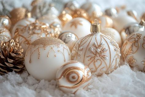 Festive holiday decor, elegant white and gold ornaments create a festive winter scene, perfect for a joyful holiday royalty free stock photos White And Gold Ornaments, Winter Images, Festive Holiday Decor, Holiday Wallpaper, Gold Ornaments, Winter Scene, Festive Holiday, Winter Scenes, Winter Christmas