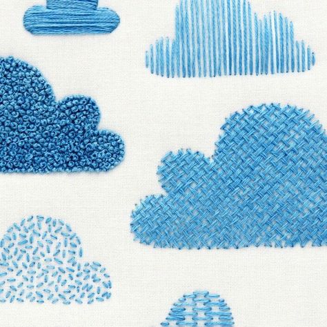 The cloud embroidery sampler is a great way to try out a number of needlework stitches to fill in shapes. Available as a PDF download, printed fabric pattern and complete embroidery kit ⛅️ Giant Embroidery, Cloud Embroidery, Subversive Cross Stitch, Embroidery Sampler, Basket Quilt, Hand Embroidery Kit, Pola Kristik, Learn Embroidery, Pola Sulam