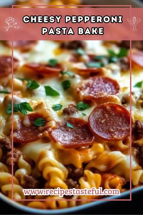 This Cheesy Pepperoni Pasta Bake combines rotini pasta, savory ground beef, pepperoni, and two types of cheese, all smothered in marinara sauce and baked to perfection. It’s a crowd-pleasing dish that’s perfect for family dinners or casual gatherings! Pepperoni Pasta Bake, Salami Pasta, Rotini Pasta Recipes, Pepperoni Pasta, Beef Pepperoni, Pizza Pasta Bake, Cheesy Pasta Bake, Baked Pasta Dishes, Cheese All