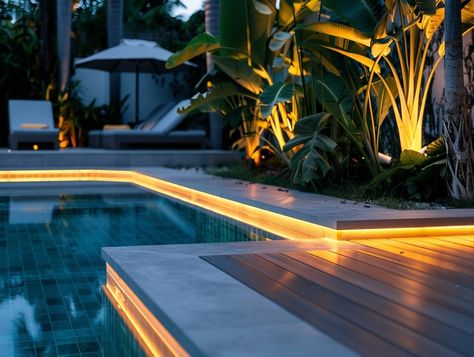 Pool Lighting Ideas, Pool Deck Decorations, Luxury Pools Backyard, Pool Lighting, Florida Pool, San Myshuno, Led Pool Lighting, Backyard Layout, Outdoor Led Strips