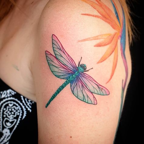 Colored Dragonfly Tattoo For Women, Dragonfly Tattoo Design Color, Neotraditional Dragonfly Tattoo, Pink Dragonfly Tattoo, Colourful Dragonfly Tattoo, Orange Dragonfly Tattoo, Dragonfly Tattoo With Color, Colour Dragonfly Tattoo, Dragon Fly Tattoo Color