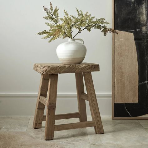 Wood Accent Stool, Small Stool Decor Front Entry, Wooden Bathroom Stool, Wood Stool Bathroom, Small Bathroom Stool, Fireplace Stool, Bathroom Stools, Stool Decor, Bathroom Facelift