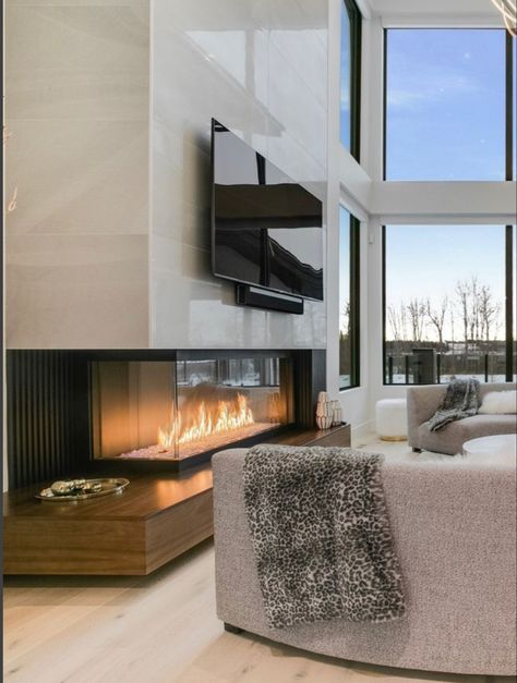 Modern Fireplace High Ceiling, 3 Sided Fireplace Ideas Modern, Modern Livingrooms Design With Fireplace, Modern Linear Fireplace Wall, Tall Tv Wall High Ceilings, Fireplace Ideas Modern Contemporary, Modern Corner Fireplace, Home Entrance Wall, High Ceiling Living Room Modern