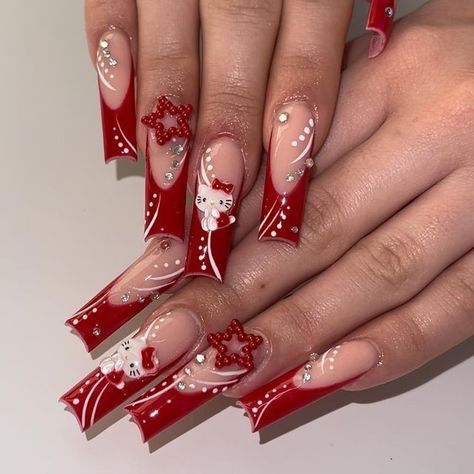 "Elegance in Every Stroke: Incredible Nails for Christmas. #Elegance #NailDesign #Holidays #Celebration" Y2k Nails Red And White, Red Nails With The Letter J On Them, Y2k Red Acrylic Nails, Y2k Nail Inspired, Uk Baddie Makeup Black, L On Nails, Nail Ideas Acrylic Y2k, Red And Black Y2k Nails, Ugly Nails Acrylic