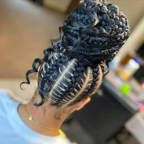 Braided Bun Styles, Bun With Curls, High Bun Hairstyles, Black Hair Updo Hairstyles, Hairstyles For Black Hair, Twisted Hair, Black Ponytail Hairstyles, Feed In Braids Hairstyles, Goddess Braids Hairstyles