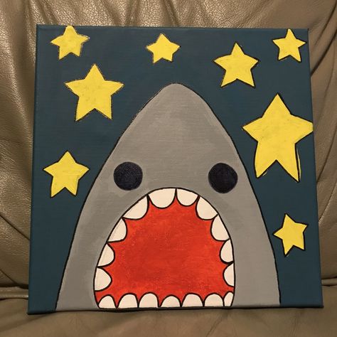 starry night shark painting on canvas Painting Ideas For Square Canvas, Small Things To Paint On Wall, Things To Paint On Square Canvas, Cute Shark Painting, Easy Square Canvas Painting, Painting Ideas On Canvas Square, Shark Painting Ideas, Painting Ideas Square Canvas, Paint Marker Art Ideas Easy