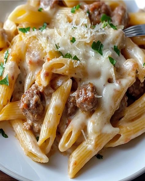 Make this rich and creamy penne with savory Italian sausage recipe. A quick and easy pasta dish perfect for weeknight dinners or special Cheesy Ground Beef, Ground Beef Pasta Recipes, Broccoli Pasta Recipe, Cream Cheese Pasta, Beef Pasta Recipes, Pasta Skillet, Steak Pasta, Ground Beef Pasta, Skillet Pasta