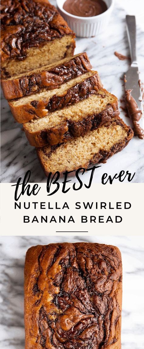 Introducing the BEST nutella swirled banana bread ever. It's moist, tender and the perfect sweet way to start the day! #nutella #banana #bananabreadphotography #easy Nutella Snacks, Nutella Banana Bread, Nutella Bread, Broma Bakery, Banana Nutella, Moist Banana Bread, Nutella Recipes, Chocolate Banana Bread, Best Banana Bread