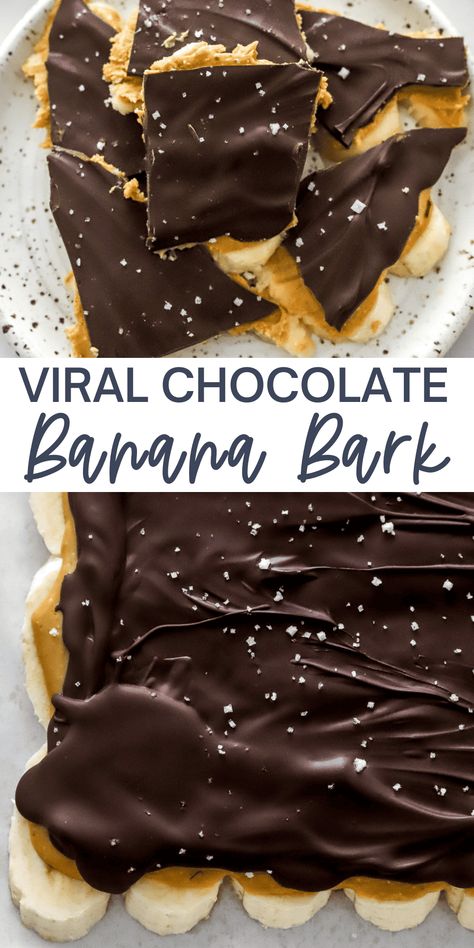 This viral banana bark is so easy to make with just 3 simple ingredients! It is made by layering vitamin-rich bananas with creamy, peanut butter, decadent melted chocolate, and some sea salt for extra flavor. It makes the perfect no-bake, healthy sweet treat the whole family will love! Gluten-free and easily made vegan. Healthy Sweets, Healthy Dessert Recipes, Banana Bark, Healthy Sweet Treats, Melted Chocolate, Healthy Sweets Recipes, Banana Recipes, Chocolate Banana, Creamy Peanut Butter