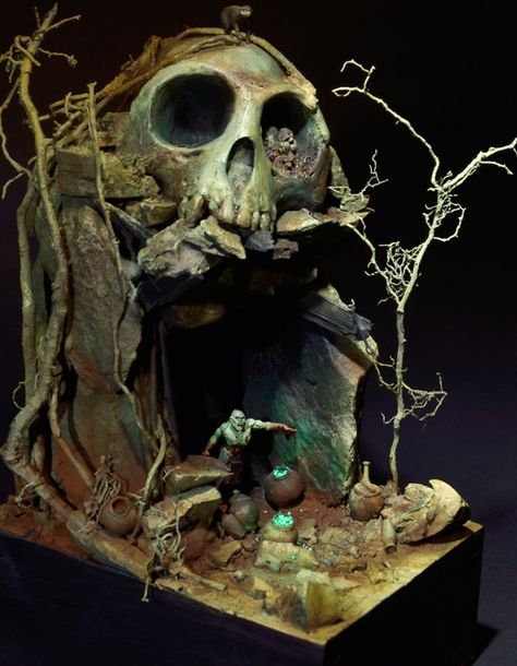 Voodoo Skull Cave Voodoo Gods, Skull Cave, Voodoo Skull, Halloween Fairy Garden, Halloween Diorama, Fairy Garden Ideas, Haunted Dollhouse, Halloween Fairy, Spooky Town