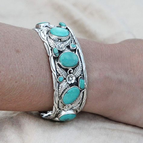 LEAVES-Turquoise-Handmade-Sterling-Bracelet Leaf Bracelet, Silver Jewelry Design, Sterling Bracelets, Vintage Surf, Turquoise Bracelet Cuff, Wide Bracelet, Leaf Jewelry, Bracelet Cuff, Turquoise Stones