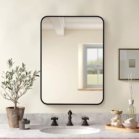 Briella Rectangle Metal Wall Mirror Frame Bathroom, Scalloped Mirror, Black Wall Mirror, Mirror Shapes, Led Mirror Bathroom, Rounded Rectangle, Wooden Mirror, Mdf Frame, Decorative Mirror