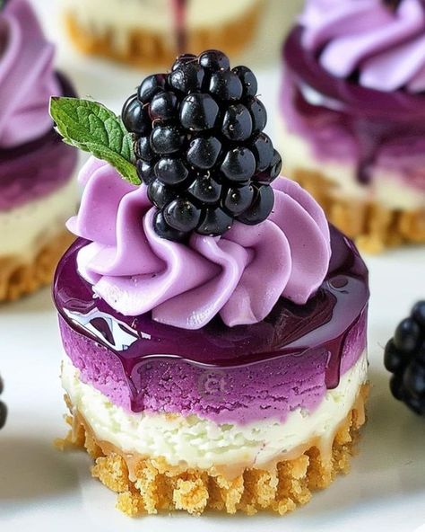 DFW Foodies Group | Mini Blackberry Lavender Cheesecakes 🫐💜 | Facebook Cheesecake Variations, Lavender Desserts, Small Cheesecake, Blackberry Lavender, Small Cheesecakes, Tasty Sweets, Blackberry Cheesecake, Lavender Cake, Berry Recipes