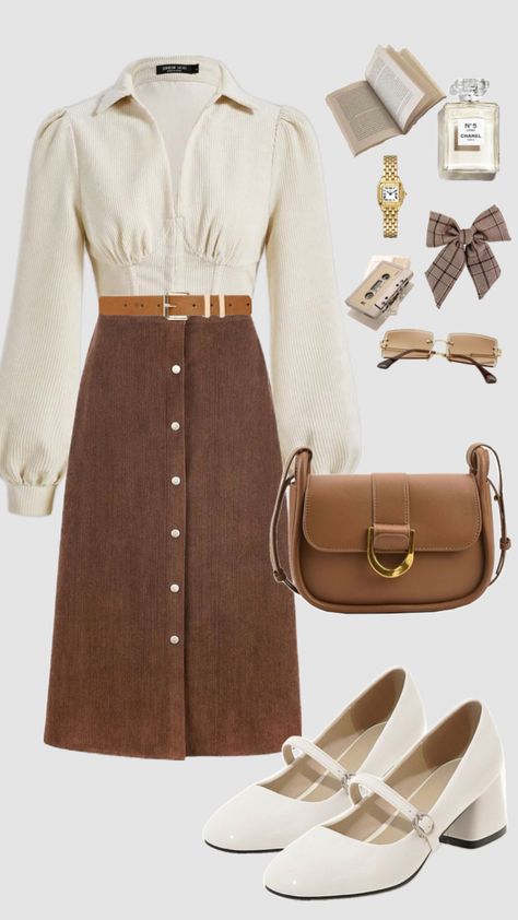 #modestfashion #oldmoney #vintage #vintageaesthetic #classy #outfit #academia #schoolfit #churchoutfit #modest #neutral #brown #skirt #outfitideas Style Icons Outfits, 70s Inspired Outfits, Modest Outfit, Modesty Outfits, Cute Modest Outfits, Casual Outfit Inspiration, Brown Skirt, Classy Work Outfits, Fashion Now