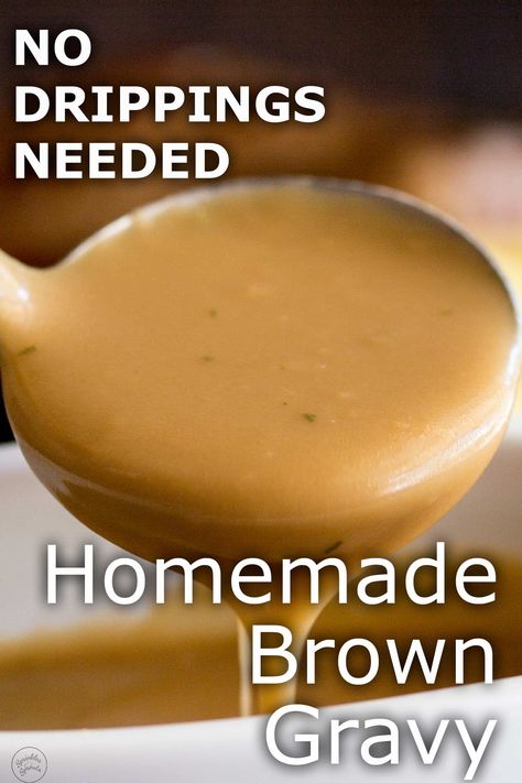 Learn how to make Homemade Brown Gravy from scratch. So easy, this gravy can be made without drippings as it is thickened with flour. The flavor comes from beef broth/stock whilst the rich texture comes from some butter and a splash of heavy cream. The perfect gravy for serving with your beef roast, pork chops or sausage and mashed potatoes. Gravy No Drippings, Sausage And Mashed Potatoes, Brown Gravy From Scratch, Pork Gravy Recipe, Homemade Beef Gravy, Easy Homemade Gravy, Beef Gravy Recipe, Easy Brown Gravy, Turkey Gravy Recipe Easy