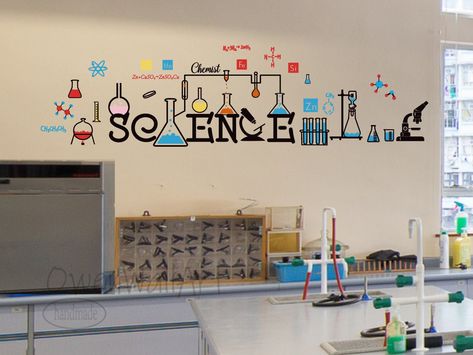 https://www.etsy.com/hk-en/listing/1086268230/science-vinyl-sticker-colorful-science?ref=shop_home_active_3 Science Wall Art Classroom, Science Mural Wall, Classroom Wall Painting Ideas High Schools, Science Decoration Ideas, Classroom Design Ideas High School, Science Day Decorations, Science Room Decor Classroom Ideas, Wall Stickers For School, Science Mural