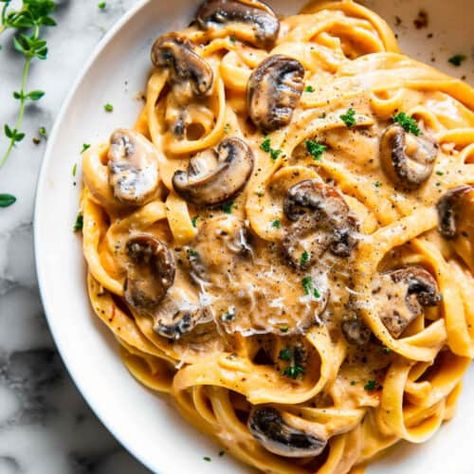 Creamy Pumpkin Pasta With Mushrooms - Salted Mint Creamy Pumpkin Pasta, Pumpkin Mushroom, Pasta With Mushrooms, Pumpkin Pasta, Cozy Dinner, Weeknight Dinner Recipes Easy, Mushroom Pasta, Pumpkin Pie Filling, Recipe Images