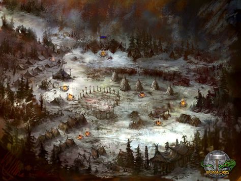 The Battle Camp at the Shrine of the Lady, where the heroes of Night's Watch gathered their allies to ready to march against the Darkspawn at the Boar's Tusk River basin Battle Camp, Dragon Age Rpg, Icewind Dale, Apocalypse Art, Tabletop Rpg Maps, Medieval World, Fantasy Places, City Landscape, Medieval Town