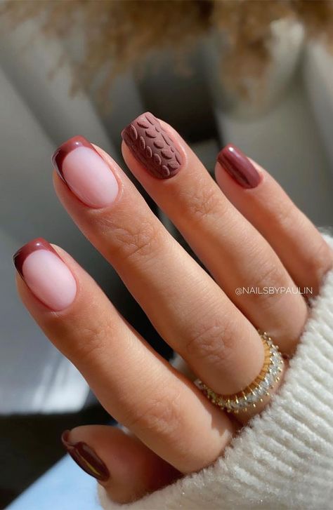 Biab Nail Trends, Autumn 23 Nails, French Autumn Style Nails, Autumnal French Tips, October Nails French Tip, Autumn Sweater Nails, Fall French Nails 2023, Sweater Nails French Tip, French Tip Sweater Nails