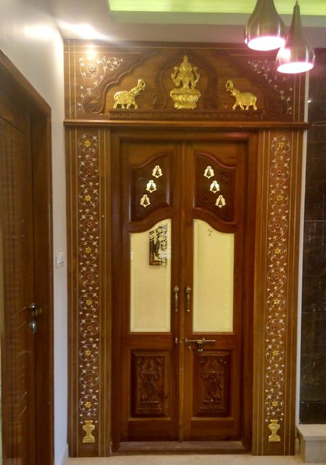 Poja Room Door Design Wood, Pooja Room Door Design Glass And Wood, Pooja Door Design Indian Homes, God Room Door Designs, Puja Room Door Design Indian Modern, Pooja Door Design Modern, Pooja Room Door Design Modern, Pooja Room Double Door Designs, Tiles Design For Hall